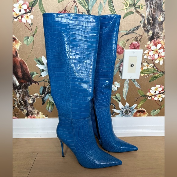 Blue Croc Knee High Stiletto Heel Boots - Picture 6 of 7
